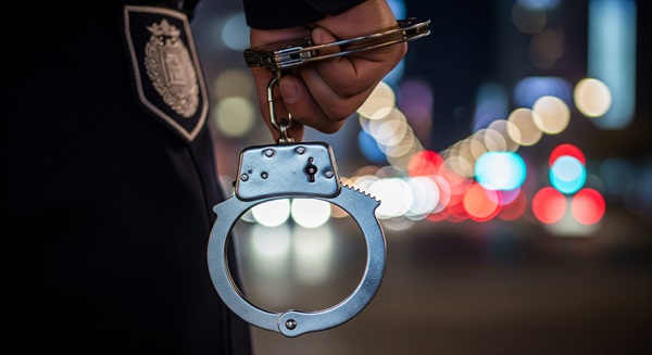 Police officer holding handcuffs at night with blurred city lights in the background.