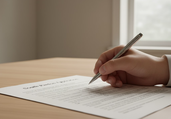 A close-up of a hand holding a metal pen, filling out a document on a wooden desk with the blurred heading "South Pardon Application" visible on the form.
