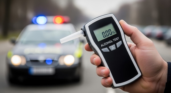 The hand of a police officer holds a digital breathalyzer displaying "0.00%" as a police car with flashing lights is blurred in the background.