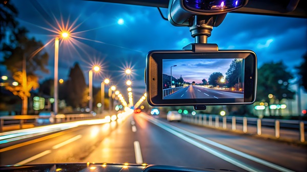 A dashcam mounted inside a vehicle records nighttime road traffic, capturing the type of video evidence critical for challenging mandatory recording violations in South Carolina DUI defense cases.