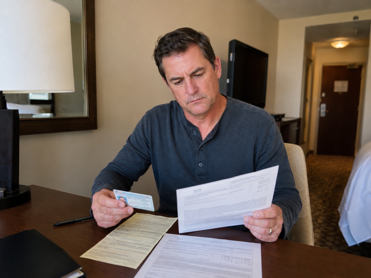 A worried man sitting at a hotel room desk holds his out-of-state driver's license in one hand and reviews South Carolina DUI arrest paperwork in the other, depicting an out-of-state driver facing the consequences of a South Carolina DUI charge and the potential impact on his home state license under the Interstate Driver's License Compact.