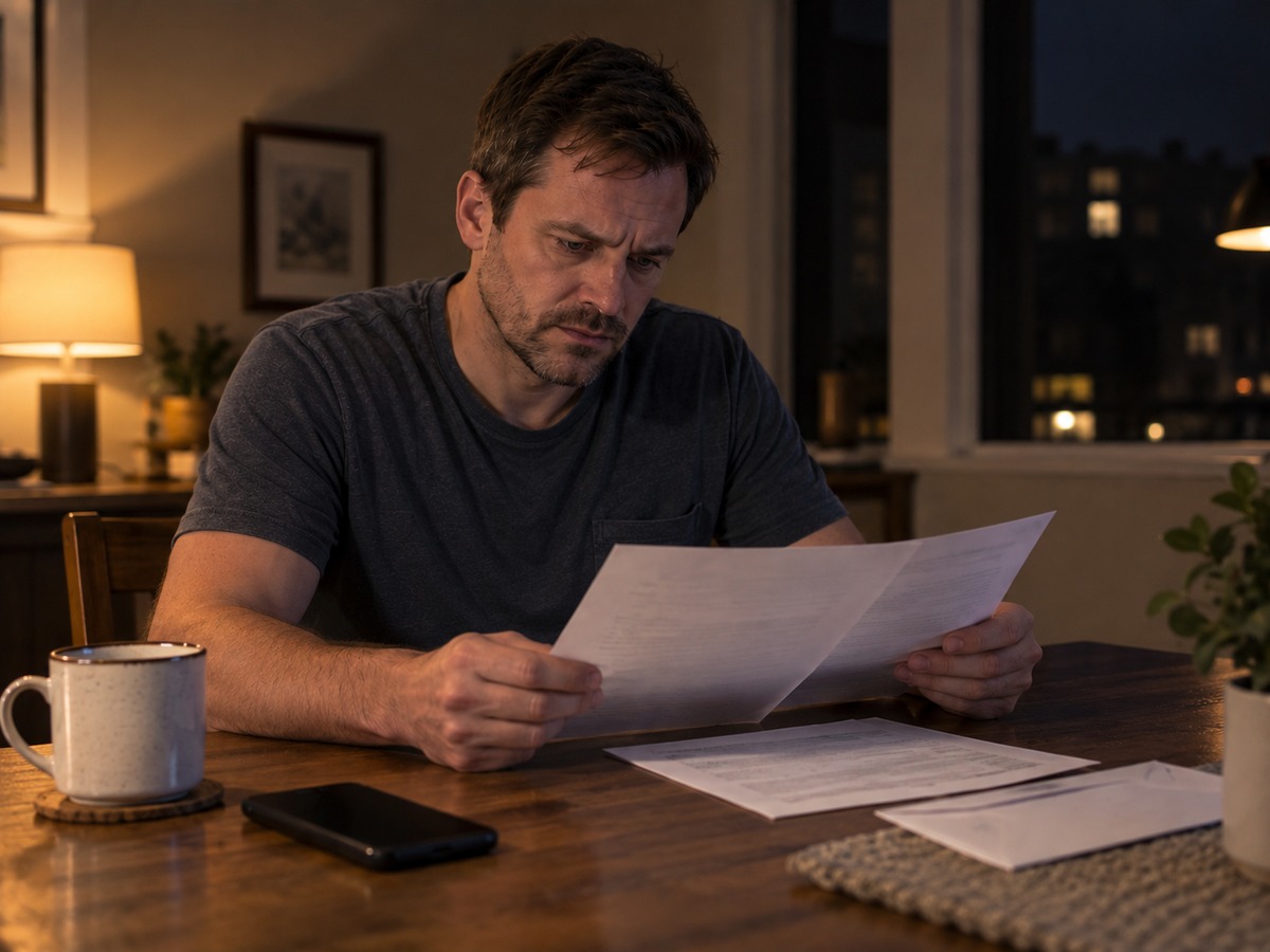 Concerned man in a T-shirt reviewing legal documents at a kitchen table at night with a phone beside him.